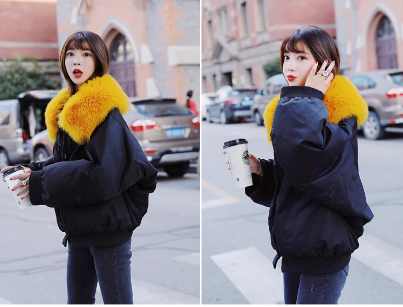Korea winter woman duck down coat short jacket for ladies bat sleeves with fox fur collar grey white black green big size
