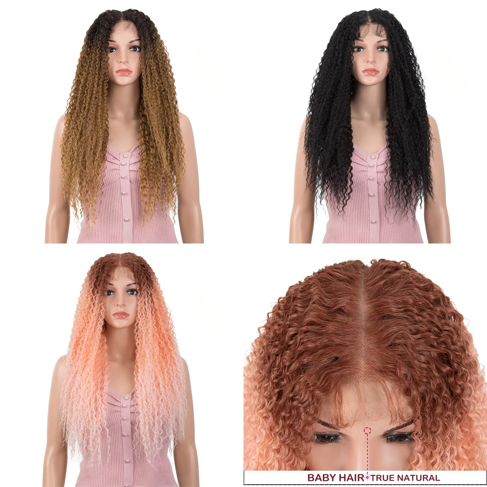 Длинный кудрявый вьющийся парик 28 дюймов с синтетическим кружевом спереди