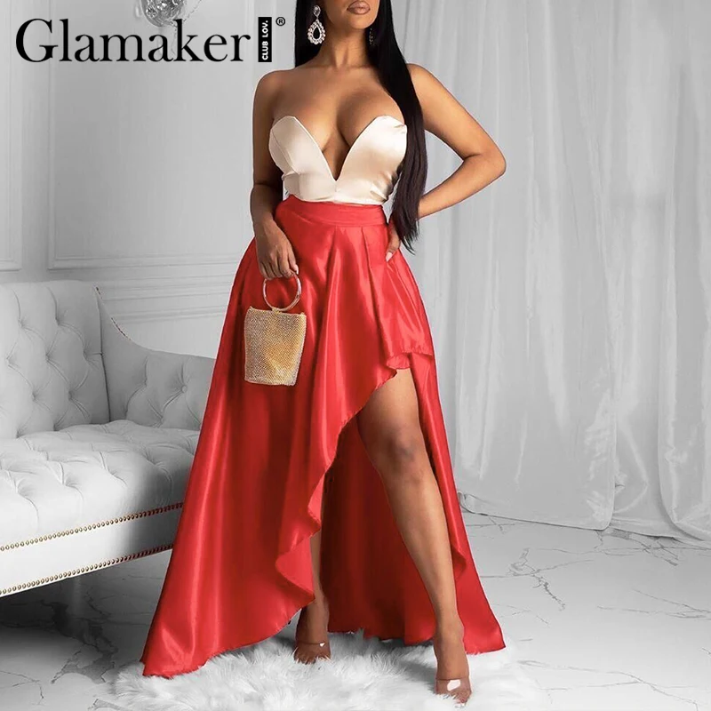 Glamaker Асимметричная Однотонная юбка с высокой талией элегантная красная Офисная