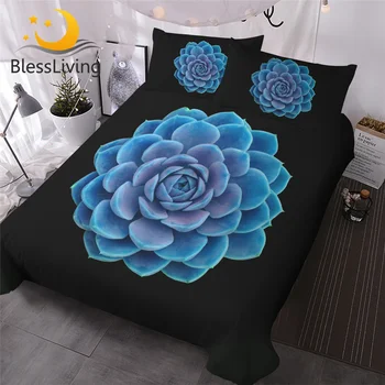 BlessLiving Succulent Bedding Set Blue Flower Bed Cover Floral Plant Comforter Cover 3D Printed Botanical Bedspreads Queen King 1