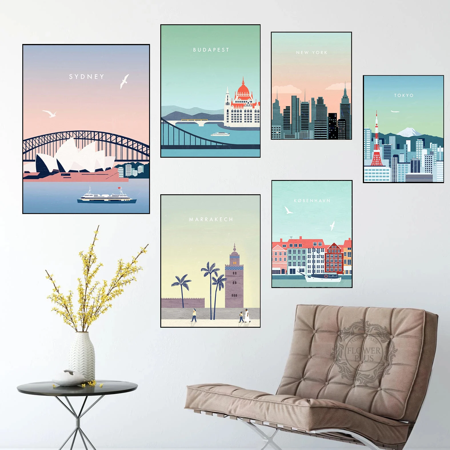 

Famous City Travel Poster Cartoon London Amsterdam Tokyo Sydney Landscape Canvas Painting Wall Art Picture For Living Room Decor