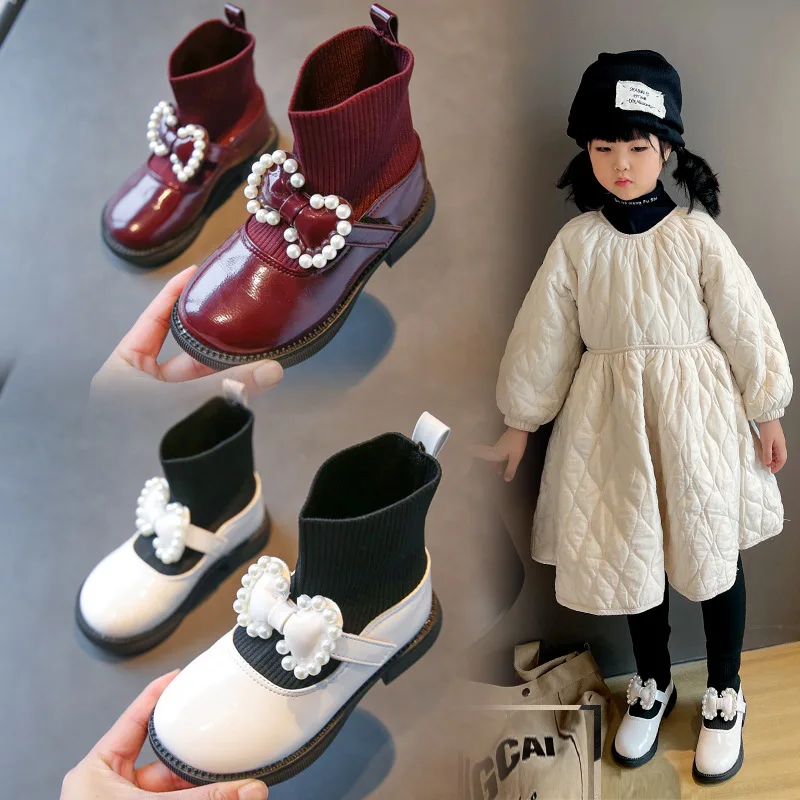 

2022 Autumn New with Bow and Pearls Girls Sweet Sock Shoes Children PU Hook & Loop Solid School Shoes Korean Kids Fashion Glossy