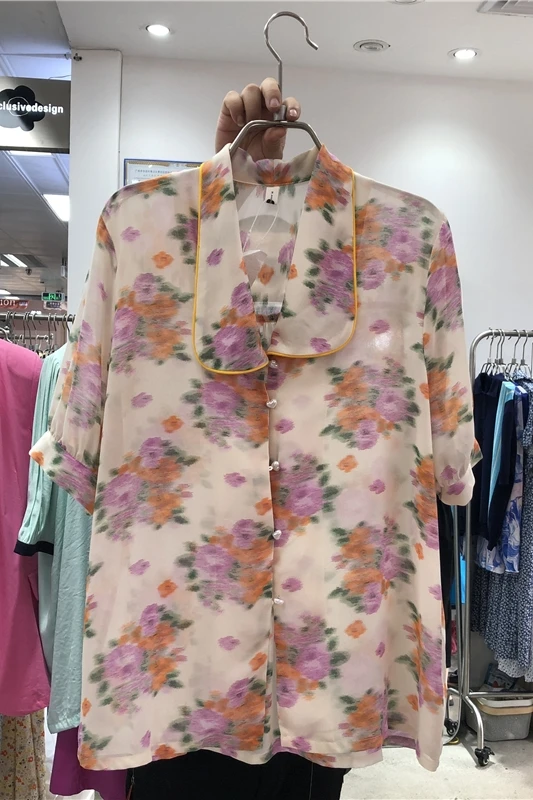 

IEQJ 2021 new summer fashion women clothes turn-down collar turn-down collar short sleeves printed shirt blouse WS31303