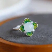 new silver inlaid natural hetian jade ring retro palace chinese classical flower decoration opening adjustable womens jewelry