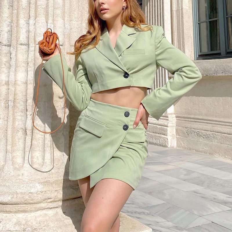 

Women Summer Solid Casual Skirt Suits ZA 2021 Short Blazers Coat and Mini Skirts Female Elegant Sweet Street 2-pieces Sets
