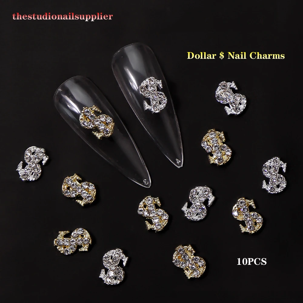 

10PCS Dollar Nail Art Charms Luxury $ Money Sign Designs Alloy 3D Silver/Gold Rhinestone Decoration DIY Design Jewelry #JE0713