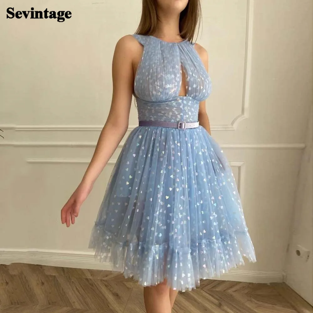 

Sevintage Blue Hearty Mini Prom Dress Draped Gathered Top V-Shape Back Homecoming Dresses Open Front Graudation Party Gowns