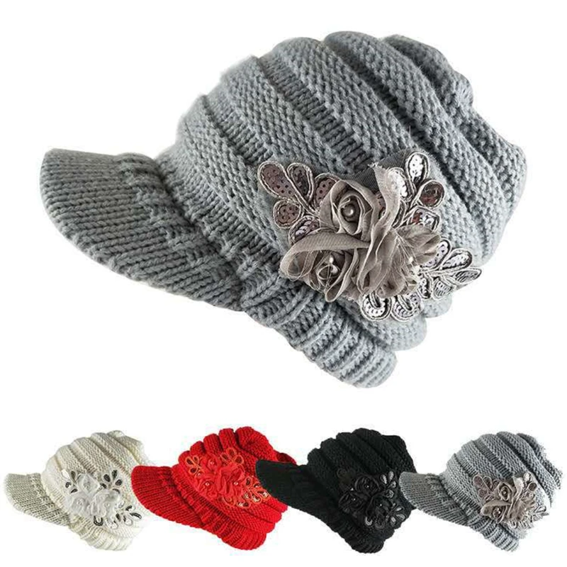 

Шапка-бини, шапка, женская шапка с кружевными блестками и цветочным украшением, модная шерстяная шапка, защита ушей, зимняя теплая вязаная ш...