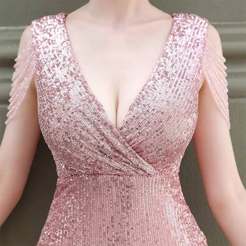 

Sequins Deep V-Neck Tassel Prom Dress Knee-Length Mermaid Sleeveless Simple Elegant Pink Plus size Women Formal Party Gown C532