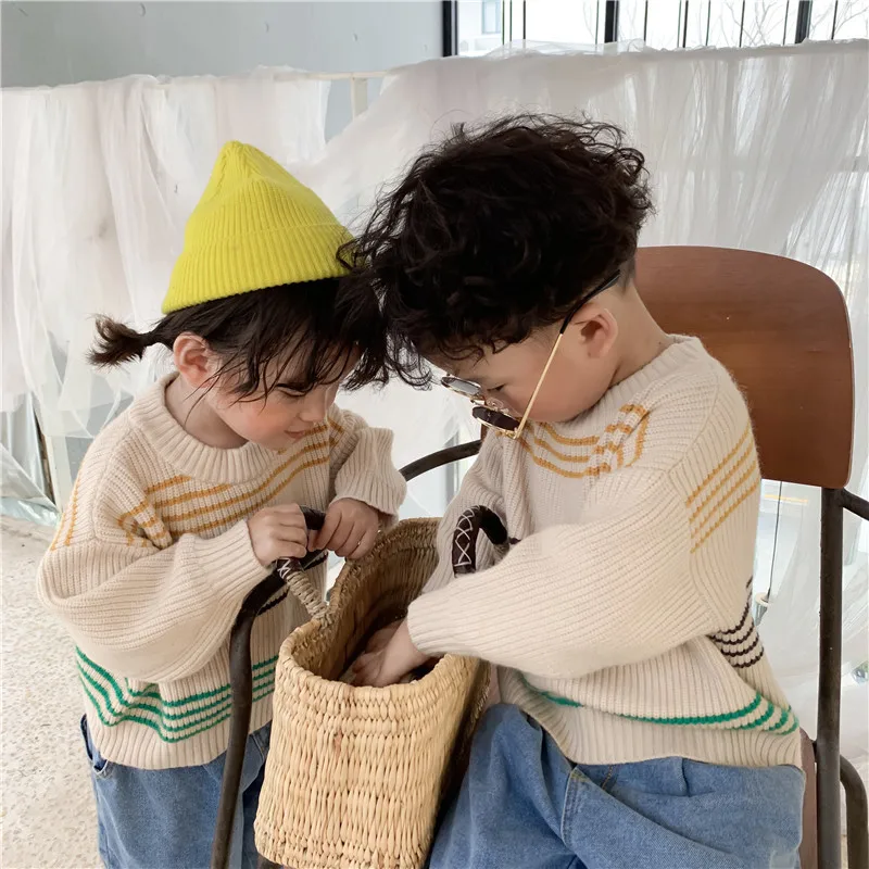 Осенне зимние теплые свитера в полоску для мальчиков и девочек Детский СВОБОДНЫЙ