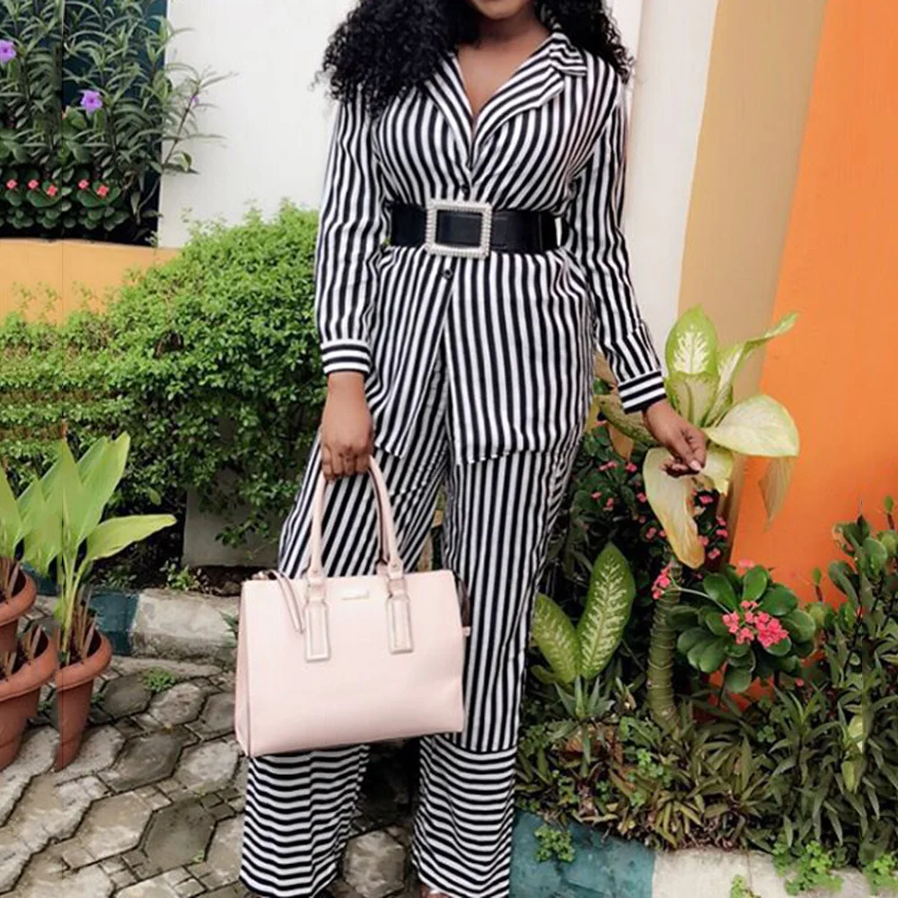 Полосатые офисные женские широкие ножки комплекты из двух предметов Осень зима