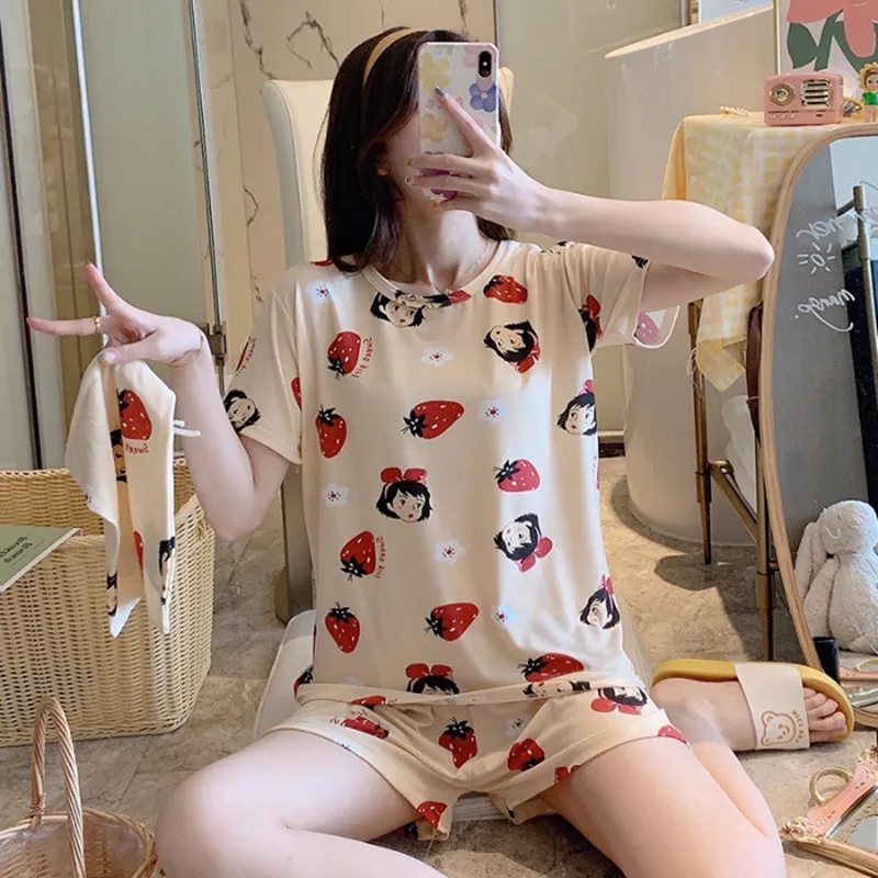 

Summer Ladies Pajamas Thin Short-sleeved Shorts Two-piece Suit Ins Cartoon Printed Home Service Girls Cute Loose Fashion Pajamas
