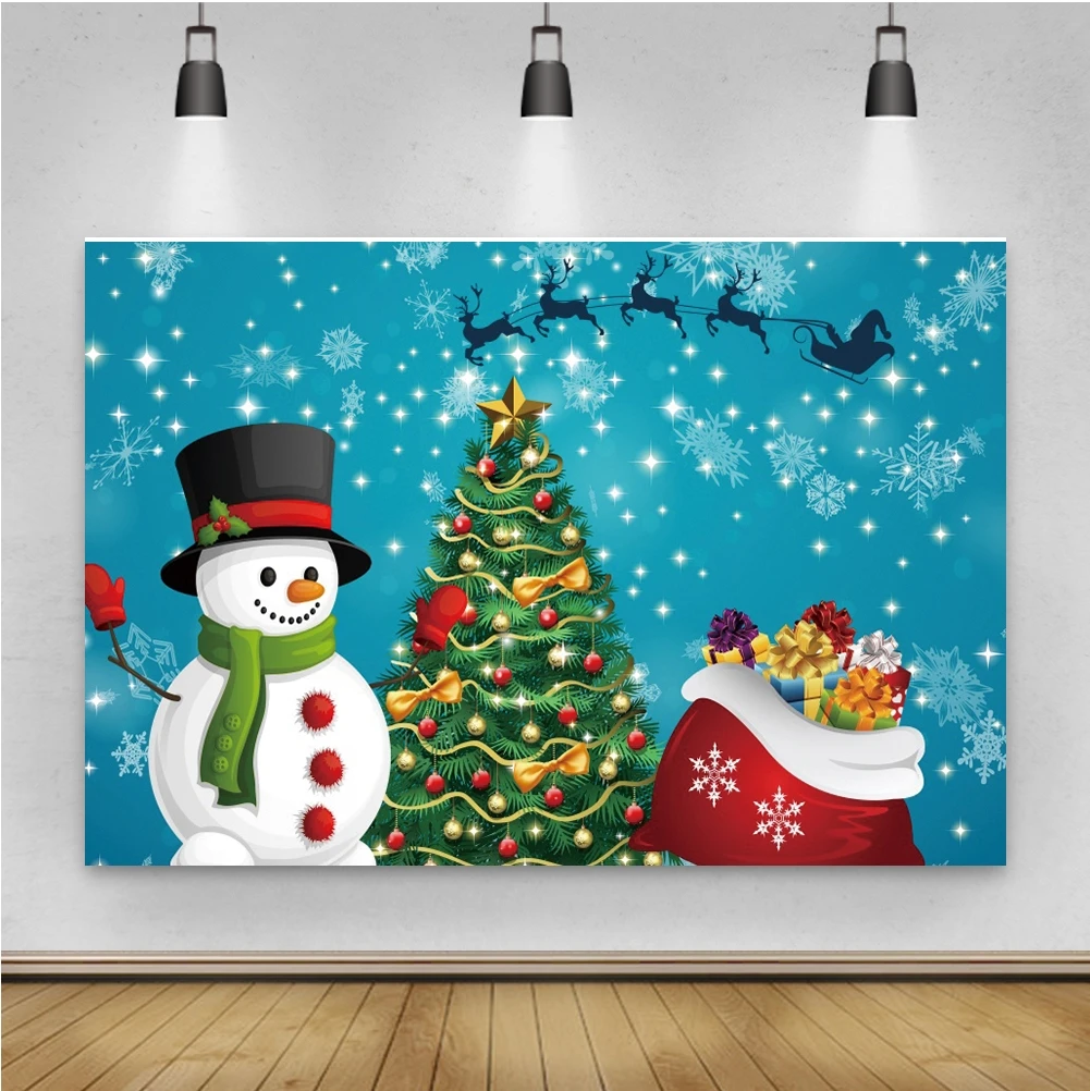 

Laeacco Blue Christmas Snowflake Background Cartoon Snowman Christmas Tree Gift Birthday Photographic Photo Backdrop