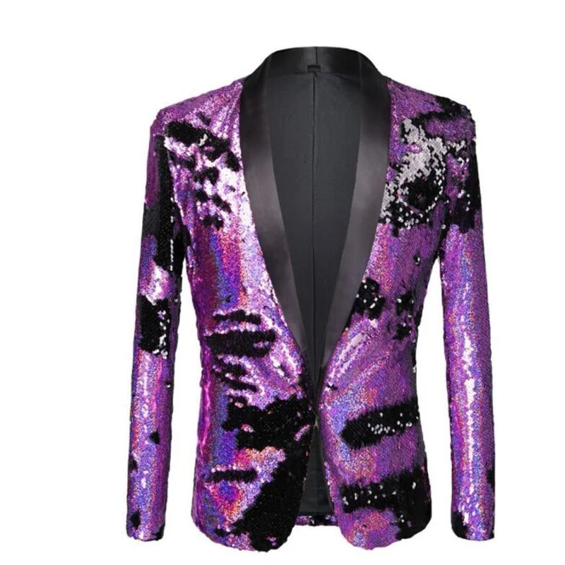 Costume homme mariage men's sequined suit jacket two-color changeable casaco purple fashion punk nightclub bar singer clothing