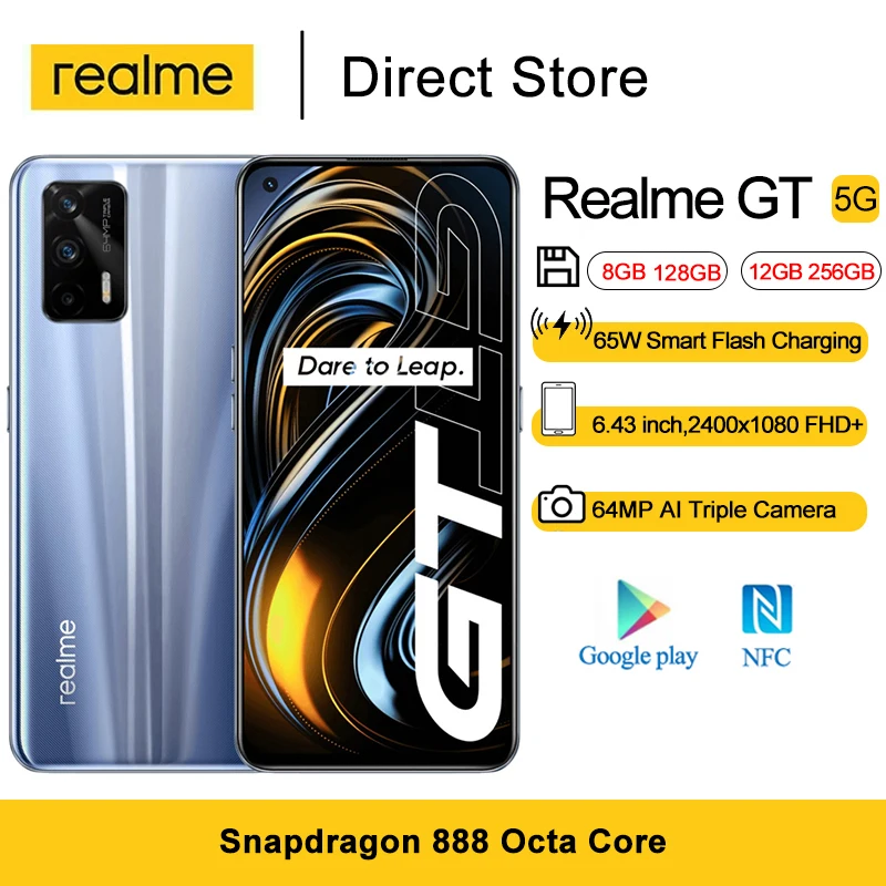 Смартфон Realme GT 5G 6 43 дюйма FHD + Восьмиядерный процессор Snapdragon 888 NFC Android 11