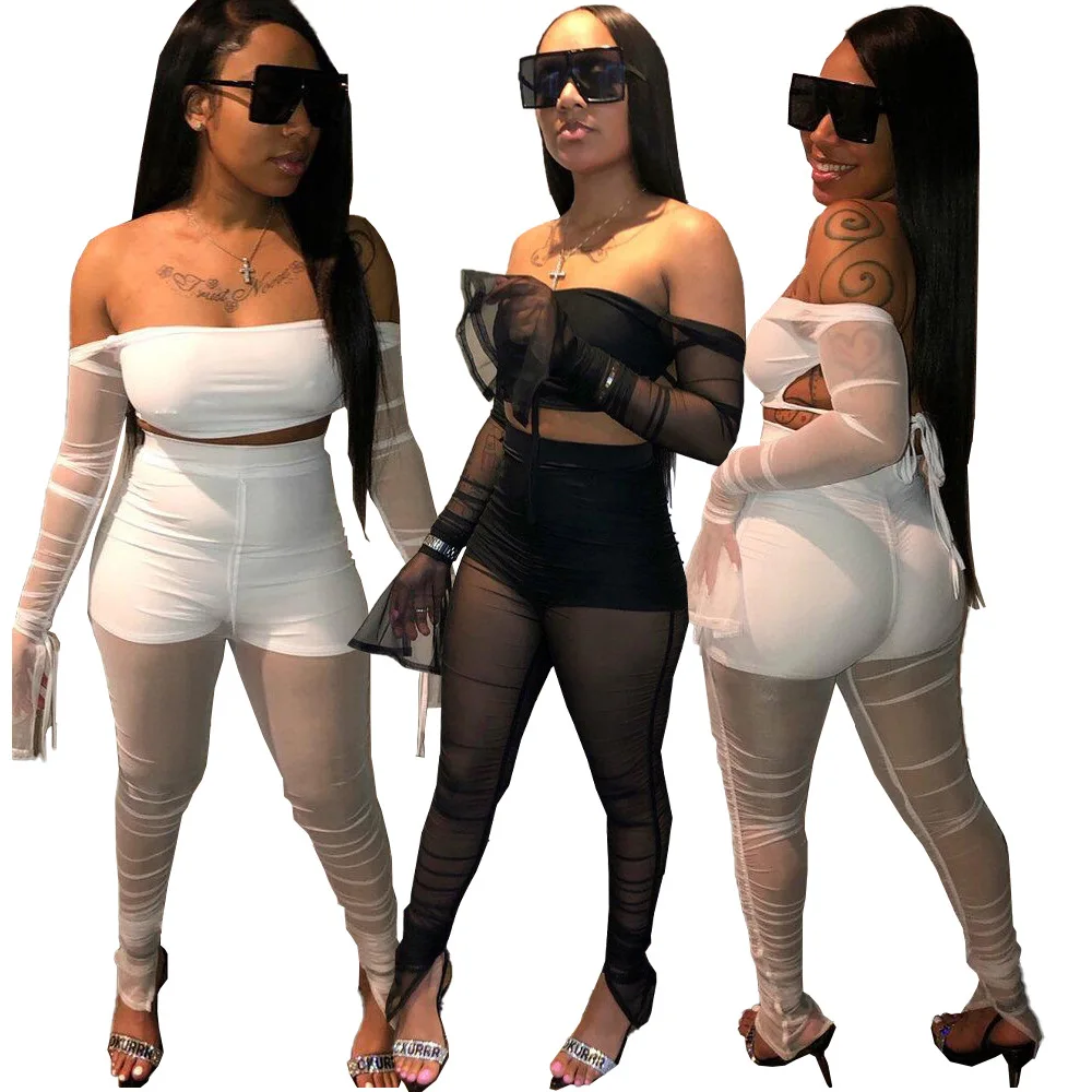 

7DN8342 Autumn Winter Women Casual Fashion Sexy Bandage Hollow Out Patchwork Net Yarn Two Piece Set Tracksuit Sweatsuit Outfits