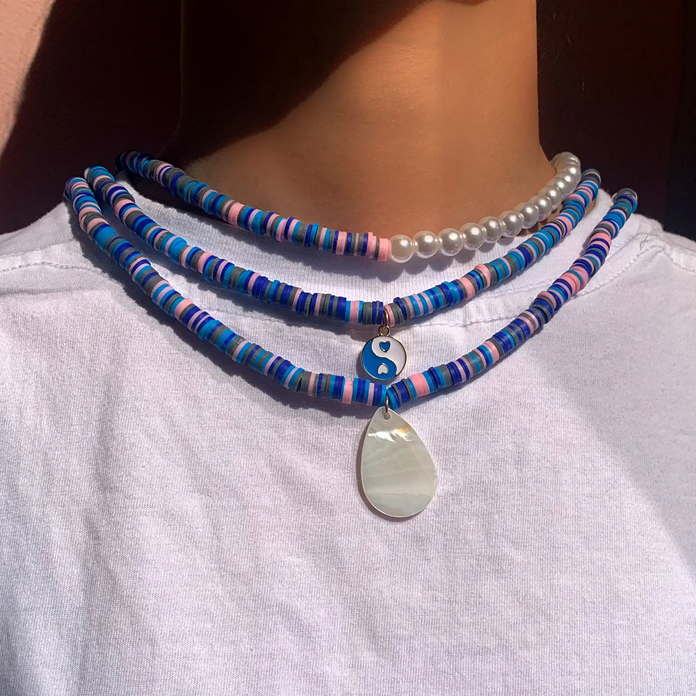 

Flatfoosie Multi layer Polymer Clay Beads Natural Shell Necklace For Women Fashion Yin Yang Pendant Necklace Choker Boho Jewelry