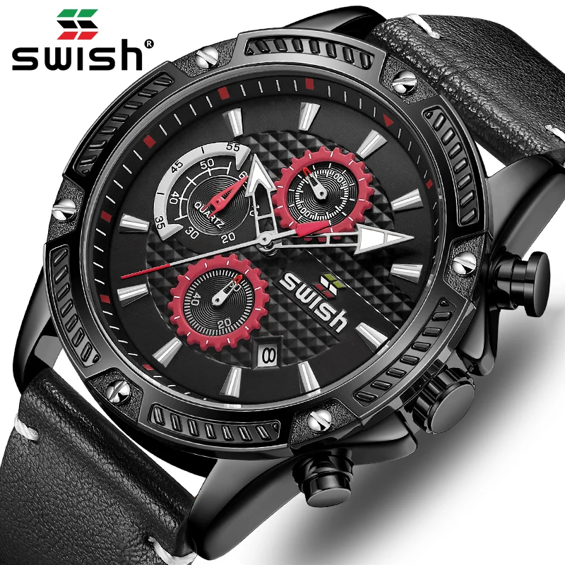 

Часы наручные мужские с хронографом, модные брендовые Роскошные водонепроницаемые спортивные в стиле милитари, с кожаным ремешком