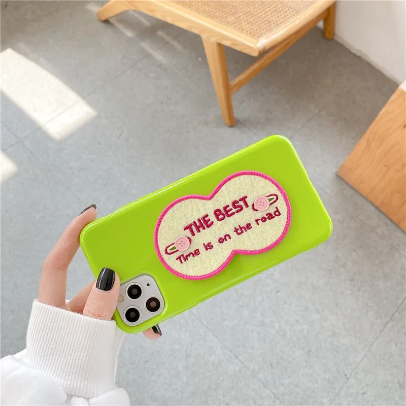 

Cute Button Embroidery Patch Anti-fall Phone Case Coque Protective Cover Soft Shell For iPhone 12 11 Pro Max XSMAX XR X 8 7 Plus