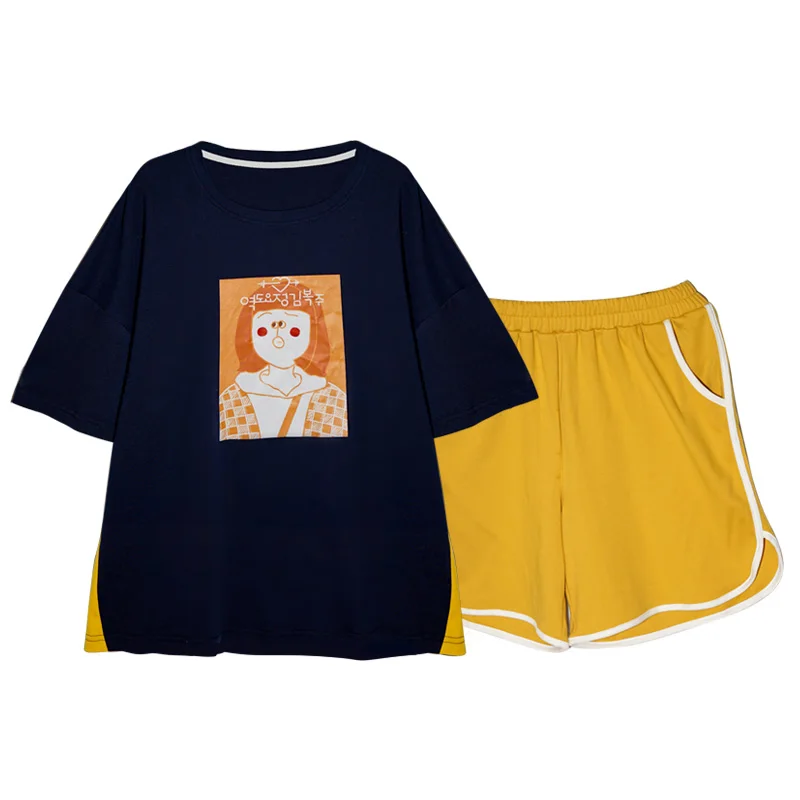 

Lounge Blue Sleepwear Cute Cartoon Pajamas Set For Woman Femme Summer O-neck Homewear Cotton Short Sleeve Two-Piece Plus Size