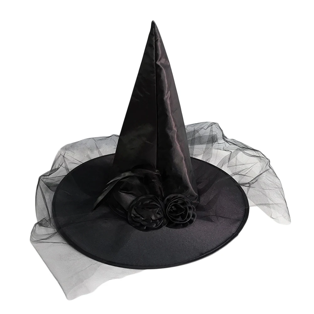 new beautiful Women Halloween Cosplay Party Prop Mesh Witch Hat with Artificial Rose Flower Funny Mats Cosplay Prop Mesh Design