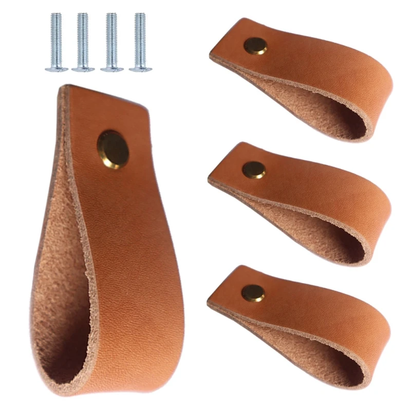 

4Pcs Drawer Knob Pull Handle Genuine Leather Cabinet Pulls Mordern Cabinet Cupboard Knobs for Home Office with Screws X37B