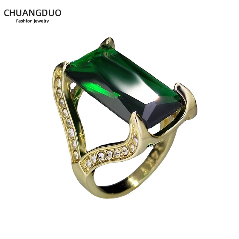 Large Rectangle Drandmother Green Stone Bright Ring Gold Color Rings Women Anniversary Birthday Party Commitment Jewelry Gift