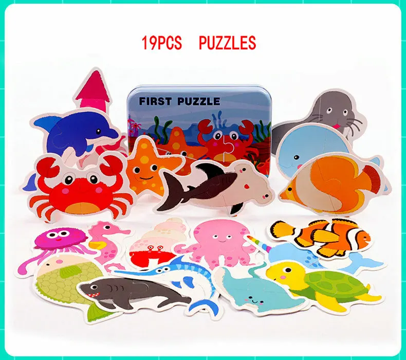 Черный 20 pieces Large puzzles Iron box packing, Early childhood educational enlightenment puzzle, 1-2-3 years old Paper puzzles toys - Цвет: Черный