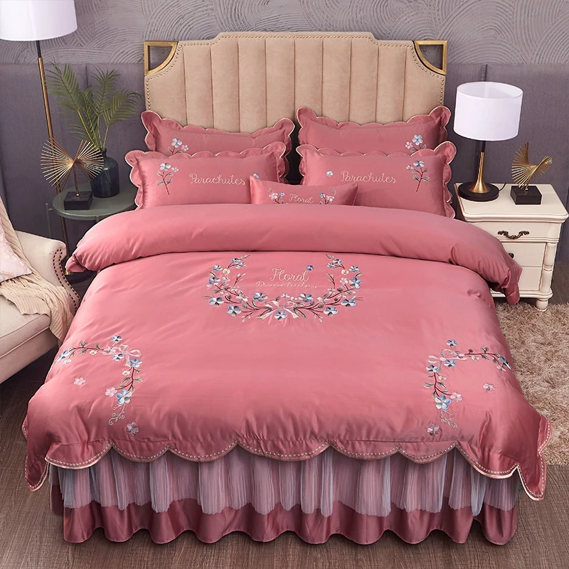 

Luxury Purple Satin Silk Cotton Floral Embroidery Bedding Set Double Duvet Cover Bed Linen Lace Bedskirt Pillowcase Home Textile