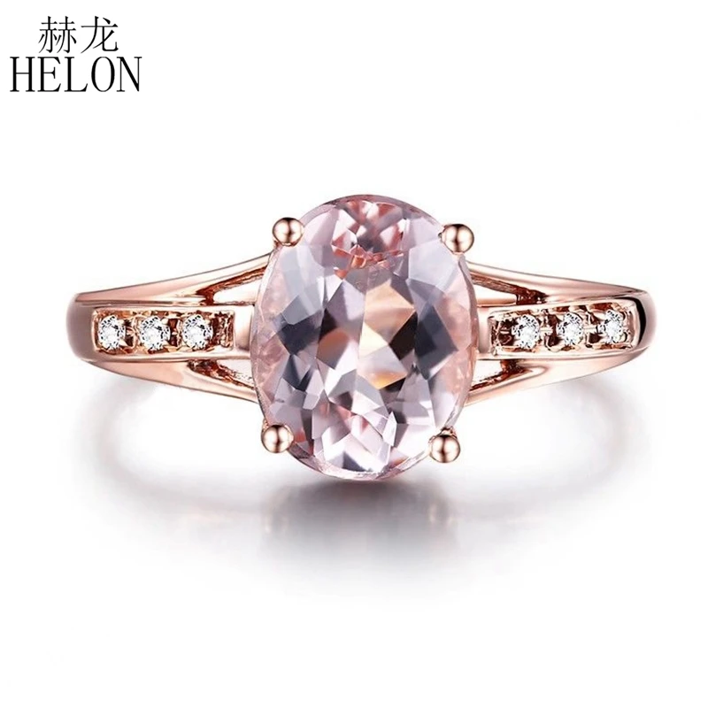

HELON Solid 14k Rose Gold Flawless Oval 9x7mm Morganite Diamonds Engagement Wedding Ring Women Trendy Fine Jewelry Diamond Ring
