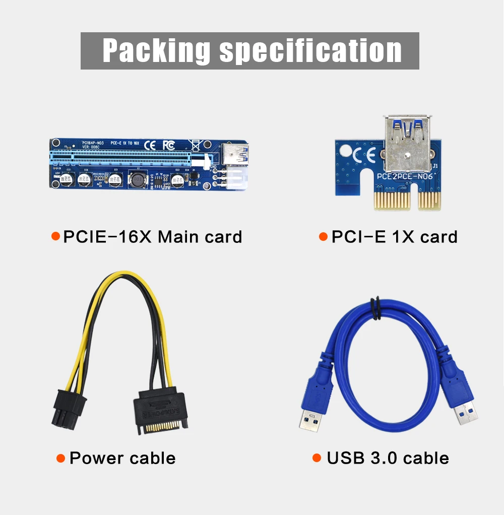 

6 pin PCI Express PCIE PCI-E Riser Card 008C 1X to 16X Extender 60cm USB 3.0 Cable Mining Bitcoin Miners