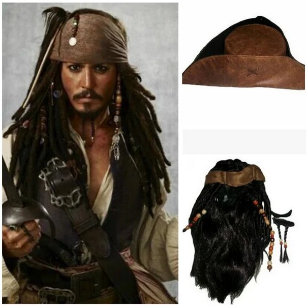 

Jack Sparrow Cosplay clothing Pirates of the Caribbean Jacket Vest Belt Shirt Pants Costume Set Halloween Wig and hat