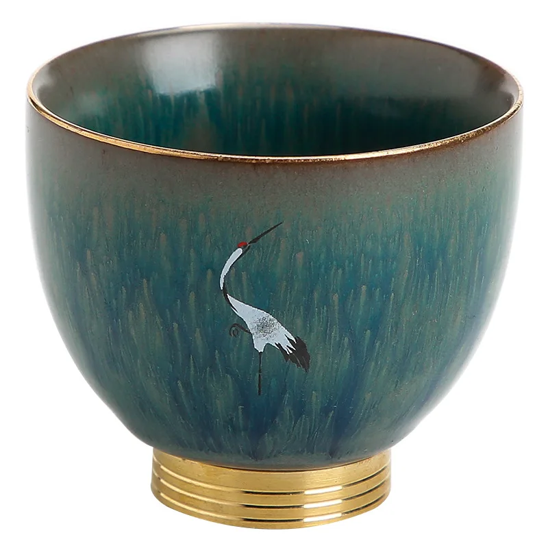 

Japanese Style Copper Bottom Teacup Water Cup Ceramic Hand-painted Red-crowned Crane Pattern Kungfu Teacup Cuisine Drinkware
