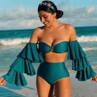 long sleeve bikini 2021 print swimsuit high waist swimwear women sexy bikinis mesh sleeves swim suit plus size bathing suit