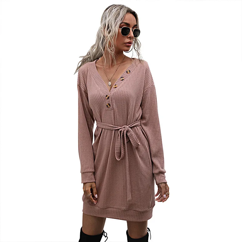 

2021 Fall Solid Color V-neck Black Slim Long Sleeve Button Knit Sweater Dress