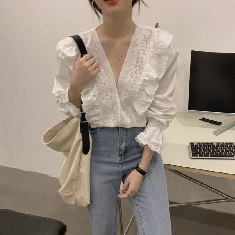 

Blouses Women Vintage Korean Summer Ruffles Thin Flare Sleeve BF Design All-match Soft Camisa De Gasa College Daily Casual Tunic