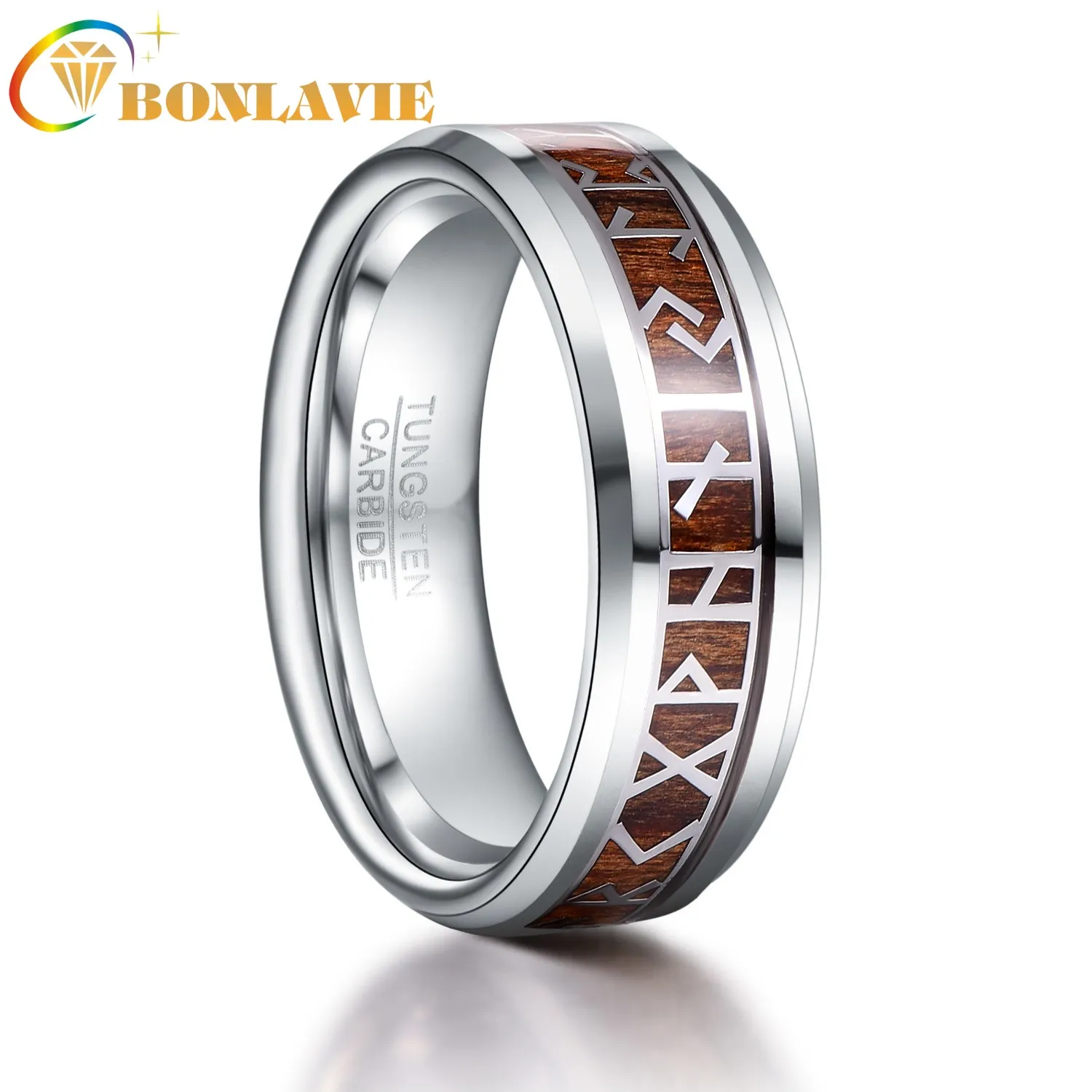 

BONLAVIE Retro Phoenician Text Pattern Wood Inlay Groove Tungsten Carbide Rings Tungsten Carbon Engagement Mens Jewellery