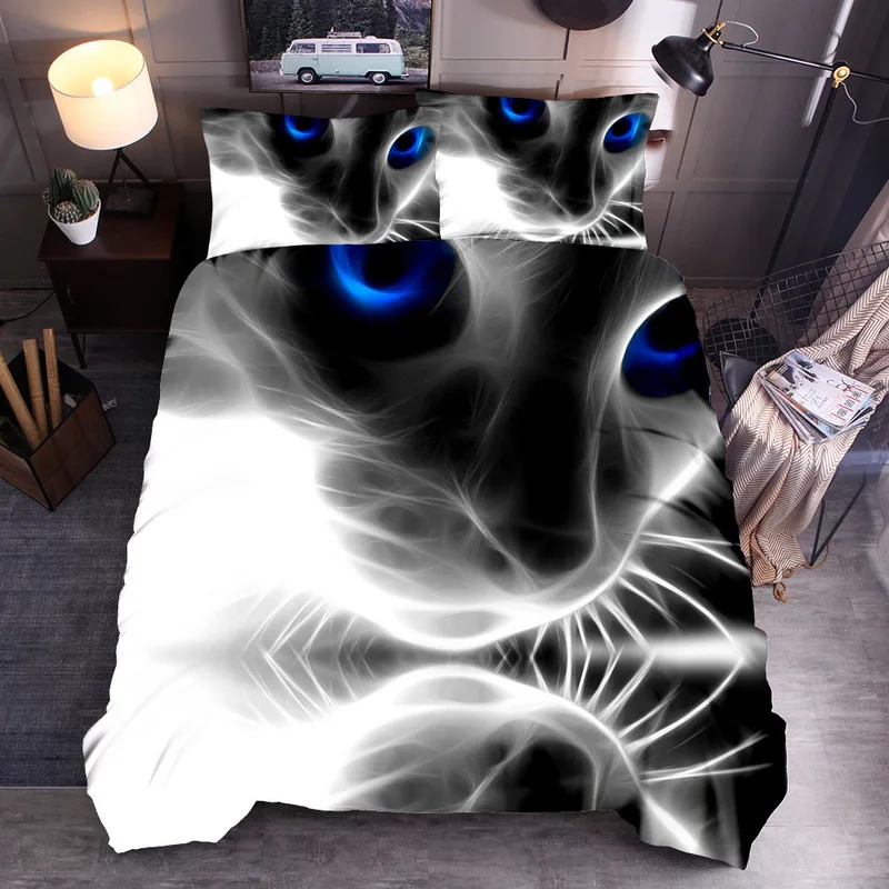 Hot 3D Black And White Cat Partner Print Three Piece Bedding Set Cut Green Eyed Quilt Cover Queen Pillow Case 3pcs | Дом и сад