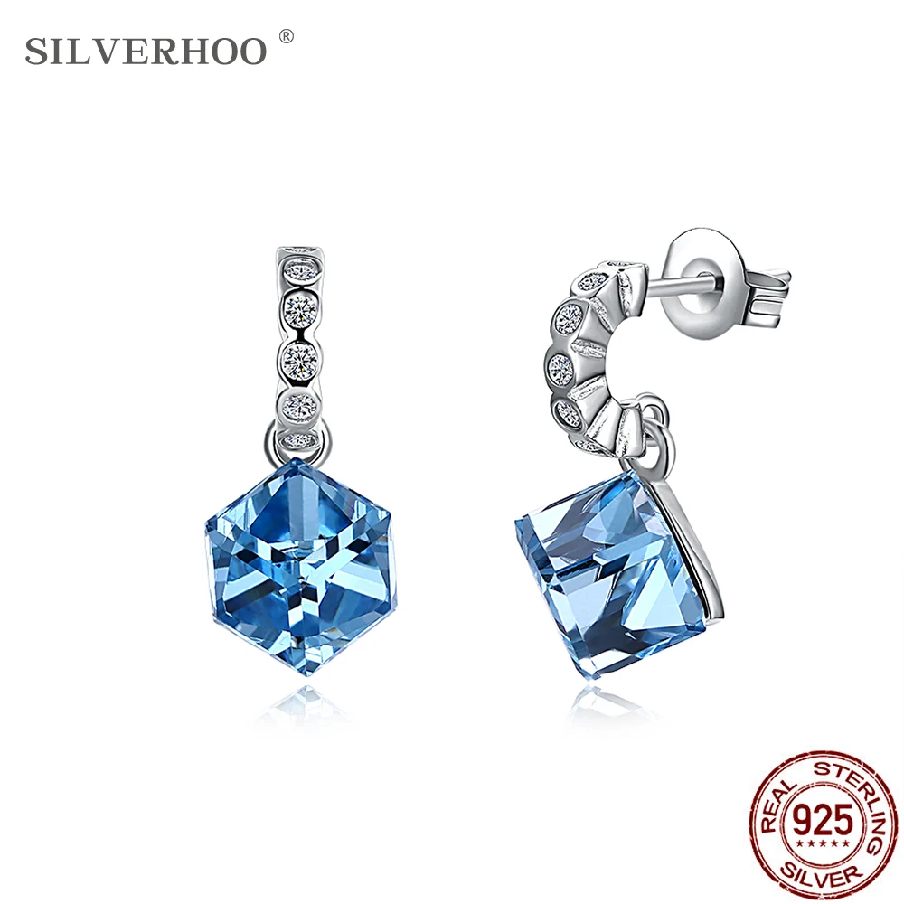 

SILVERHOO Sterling Silver 925 Jewelry Women's Earrings C Shape Cubic Zirconia With Blue Square Austria Crystal Drop Earring