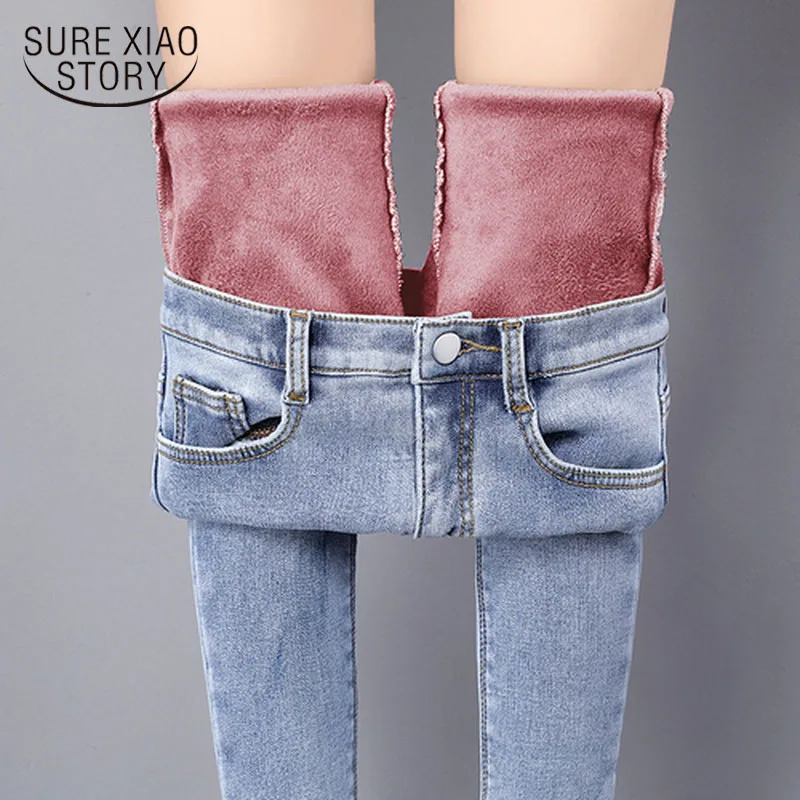 2021 весенне-зимние толстые джинсы женские с высокой талией длинные брюки флисовые