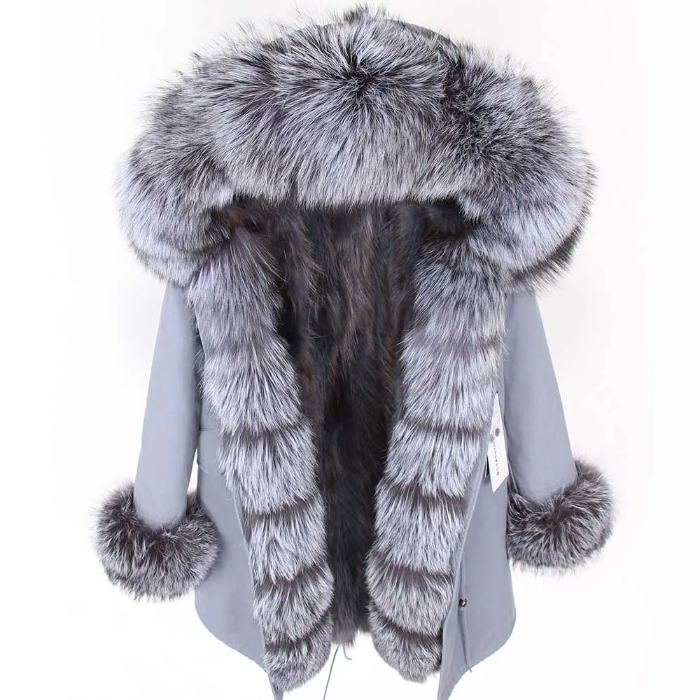 gray silver fox Брендовая зимняя женская куртка, длинная шуба из натурального Лисьего меха, женские теплые меховые куртки, воротник из натурального меха енота, парка с подкладкой из натурального меха - Цвет: gray silver fox