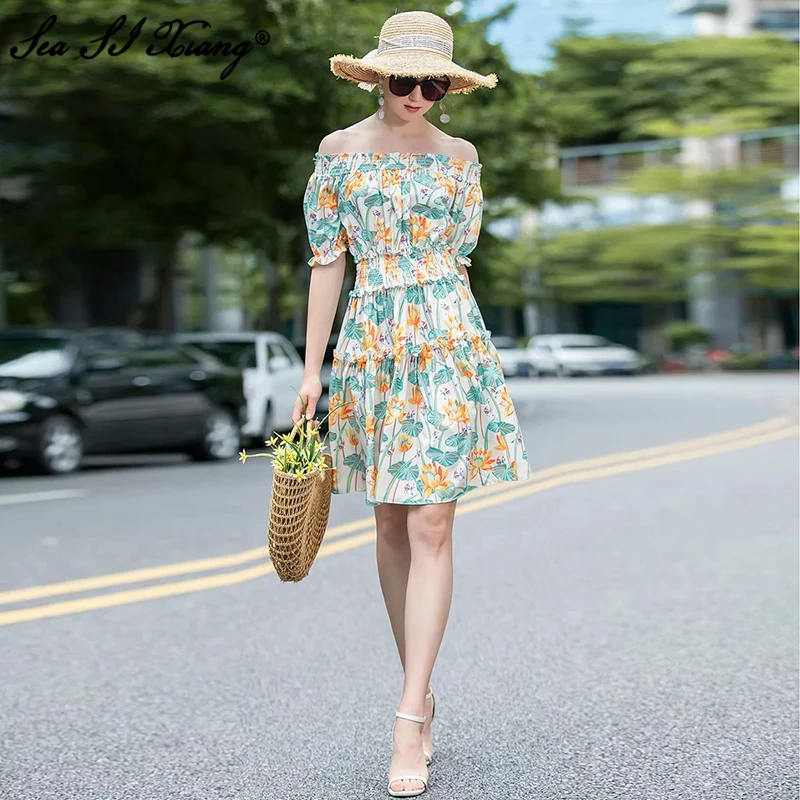 

Seasixiang Fashion Designer Summer Dresses Women's Sexy Off Shoulder Flower-Print Elastic Waist Vacation Mini Dresses