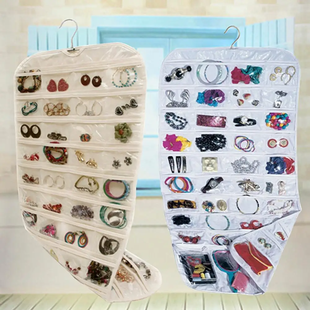 

80 Pockets 2 Side Hanging Jewelry Accessories Organizer Closet Clear Storage Bag