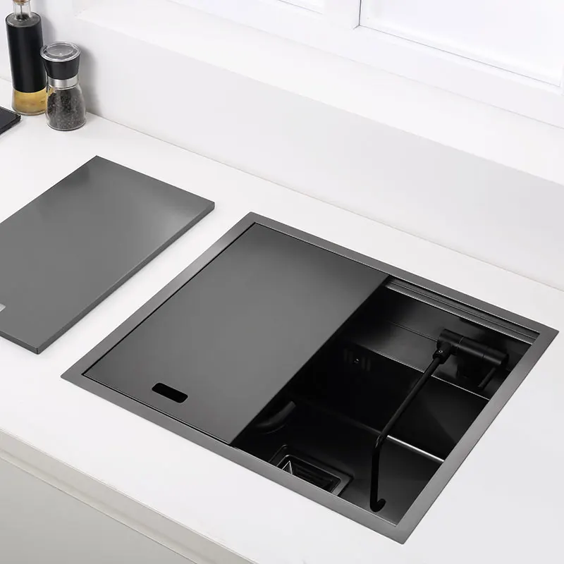 

Скрытый кухонный водопроводный кран, открытая кухонная раковина SinkBlack, миска из нержавеющей стали, Балконная раковина, скрытая черная раков...