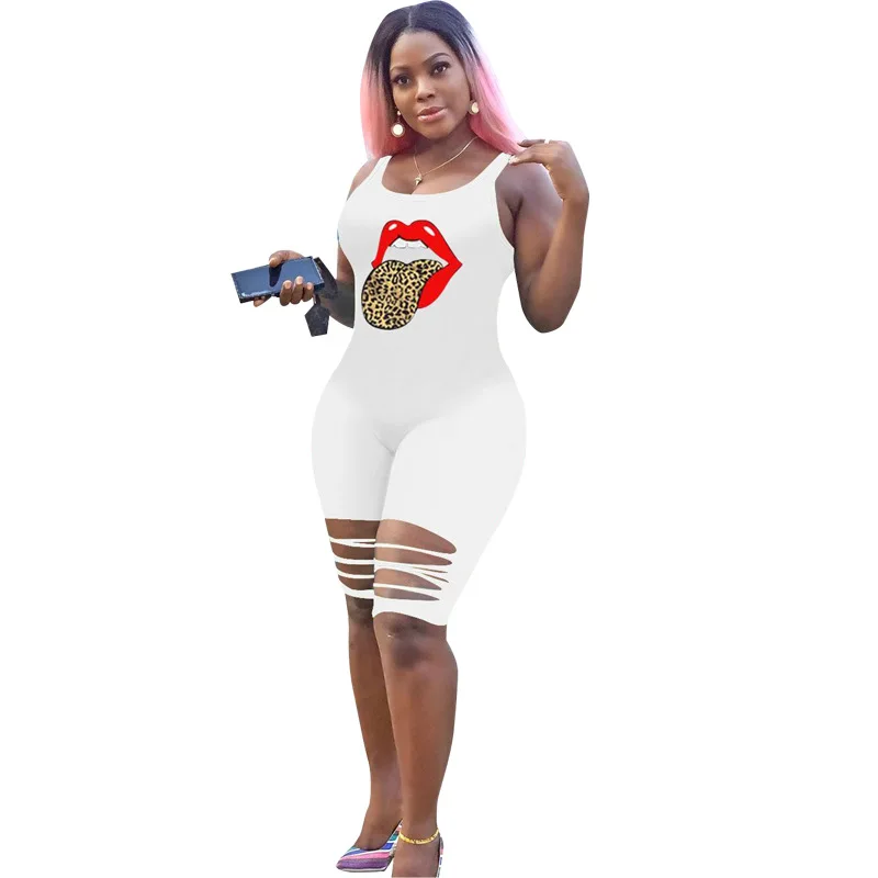 

2020 Summer Women Plus Size Jumpsuits Fashion Lips Printed Hole Romper Sexy Sleeveless Backless Bodycon Jumpsuit RSN739