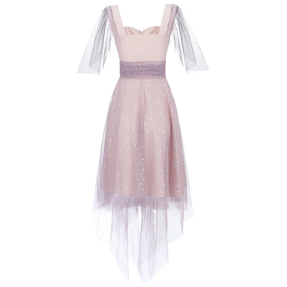 

Ailigou 2021 Summer New Sexy Mesh Lace Shiny Pleated Short-Sleeved Dress Mid-Length Dress Ladies Celebrity Banquet Dress Vestido
