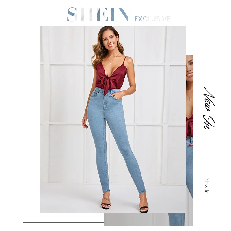 SHEIN светло-голубые облегающие повседневные джинсы на пуговицах, женские штаны, осень, уличная мода с высокой талией, длинные джинсовые брюки