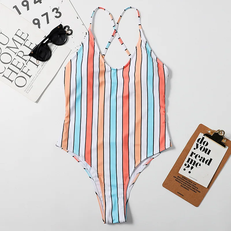 

2021 New Arrivall Swimwear Women One Piece Swimsuit Striped Stretchy Breathable Triangle Swimming Suit for Women Monokini