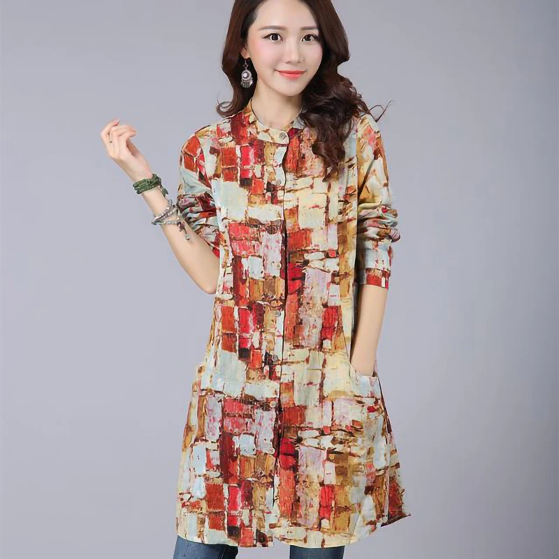 Tunics Long Shirt Women Vintage Cotton Linen Plaid Shirt Long sleeve Stand collar Ladies Casual Tops and Blouses