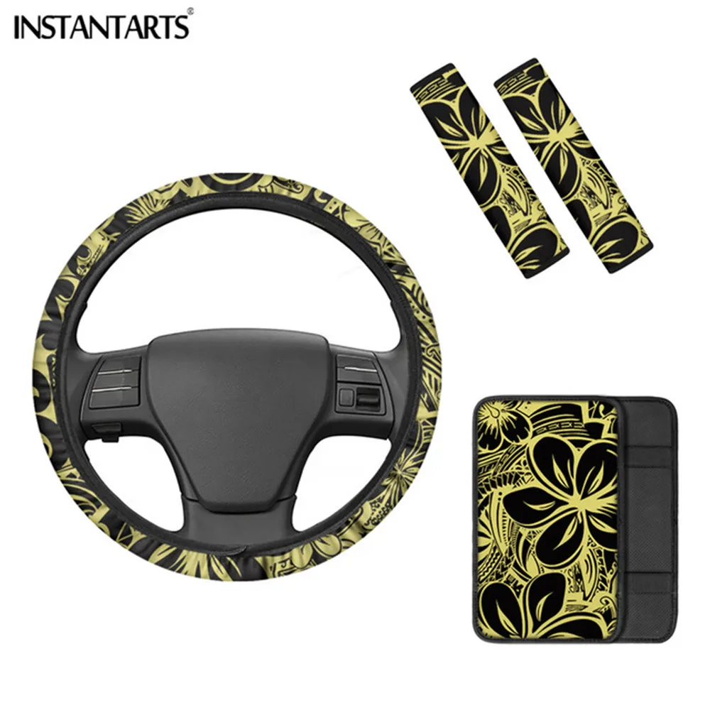 

INSTANTARTS 4Pcs Hawaii Tribal Hibiscus Plumeria Boho Washable Steering Wheel Protection Easy To Install Interior Accessories